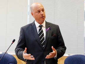 Luke Hendry/The Intelligencer
Coun. Mitch Panciuk speaks during a council meeting Monday at city hall in Belleville. His draft bylaw to create the role of integrity commissioner for Belleville passed first reading during the meeting.