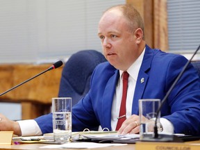 Luke Hendry/The Intelligencer
Coun. Paul Carr explains a point during a debate at city hall during Monday’s regular council meeting.