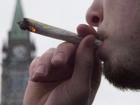 A man lights a marijuana joint as he participates in the 4/20 protest on Parliament Hill in Ottawa, April 20, 2015. THE CANADIAN PRESS/Adrian Wyld