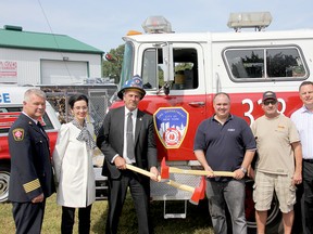 A media launch was held Monday for the upcoming FireFest Chatham-Kent, which will take place Sept. 22 and 23. From left are fire and paramedic chief Ken Stuebing, St. Clair College's director of advancement Karen Flannagan, Mayor Randy Hope, FireFest co-organizer Brent DeNure, Boonies Drive-In owner Ziggy Schiefer, and FireFest co-organizer Keith Chinnery.