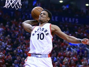 DeMar DeRozan of the Toronto Raptors dunks the ball in the first half of Game 5 of the Eastern Conference quarterfinals against the Milwaukee Bucks at Air Canada Centre on April 24, 2017. (Vaughn Ridley/Getty Images)