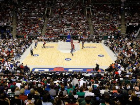 An overall view of week nine of the BIG3 three-on-three basketball league as Andre Owens #20 of 3's Company handles the ball against Tri-State at KeyArena on Aug. 20, 2017 in Seattle, Washington. (Stephen Brashear/BIG3/Getty Images)