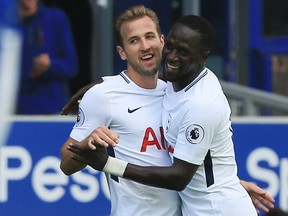 Tottenham's Harry Kane celebrates after scoring one of this two goals against Everton. (GETTY IMAGES)