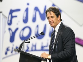 Toronto Maple Leafs president Brendan Shanahan speaks at a media conference in anticipation of the Toronto Maple Leafs 100-year anniversary game at the MLSE LaunchPad in Toronto on Sept. 12, 2017. (Dave Abel/Toronto Sun/Postmedia Network)