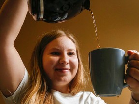 Luke Hendry/The Intelligencer
Amelia Huffman of the Alzheimer Society of Hastings-Prince Edward pours coffee at the society's Bay View Mall office in Belleville. Staff are asking people to hold coffee break events to raise funds and awareness for their programs. The campaign begins this month and runs until January.