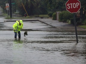 AP Photo
A city employee works to clear storm drains on flooded Isabella Street in the downtown area of Waycross, Ga., after Hurricane Irma moved through the city Monday.