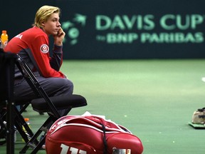 Team Canada member Denis Shapovalov waiting for his turn to practice in preparation for the Davis Cup Friday at Northlands Coliseum in Edmonton, September 12, 2017.