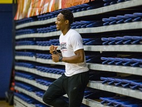 Toronto Raptors DeMar DeRozan spends some time with young basketball players at the Raptors Basketball Academy held at Humber College in Toronto on July 25, 2017. (Ernest Doroszuk/Toronto Sun/Postmedia Network)