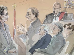 In this artist's sketch, Ontario Premier Kathleen Wynne (left) is questioned by Crown Prosecutor Vern Brewer (centre) at the trial of two Liberals who are charged with bribery under the Election Act, in Sudbury, Ont., Wednesday, Sept.13, 2017. Justice Howard Borenstein (top right), lawyer Brian Greenspan, Gerry Lougheed and Pat Sorbara look on. THE CANADIAN PRESS/Alexandra Newbould