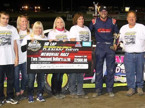 Danny Reid Memorial race winner Charlie Sandercock celebrates his victory with friends and family of the late Danny Reid. (Rod Henderson photo)