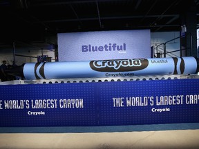 Crayolas newest blue crayon, Bluetiful, which is 15.6 feet in length and weighs 1,352 pounds, earned the GUINNESS WORLD RECORDS title for Largest crayon at an event at Sixty Tenth on September 14, 2017 in New York City. (Photo by Bennett Raglin/Getty Images for Crayola)