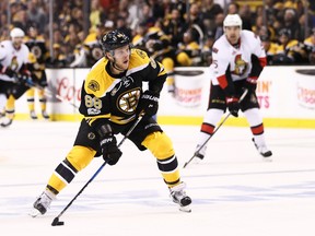David Pastrnak of the Boston Bruins skates against the Ottawa Senators during the first period of Game Four of the Eastern Conference First Round during the 2017 NHL Stanley Cup Playoffs at TD Garden on April 19, 2017 in Boston, Massachusetts. (Photo by Maddie Meyer/Getty Images)