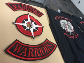 Winnipeg police put on display patches and T-shirts worn by members of the Manitoba Warriors. Winnipeg Sun