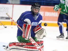 Sudbury Wolves goalie Marshall Frappier makes a save during team practice in Sudbury, Ont. on Thursday September 14, 2017. The Wolves host the Sault Ste. Marie Greyhounds in the first of a home and home series at 7:05pm on Friday night.Gino Donato/Sudbury Star/Postmedia Network