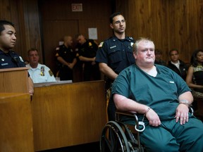 In this Aug. 13, 2014 file photo, James Woetzel, the driver accused of plowing into a farmers' market in Hawthorne, killing one and injuring two others, appears in Superior Court in Paterson, N.J. Woetzel was convicted of charges including aggravated manslaughter on Thursday, Sept. 14, 2017, in the death of 58-year-old Donna Wine in Hawthorne in August 2014. (Tyson Trish/The Record via AP, Pool)
