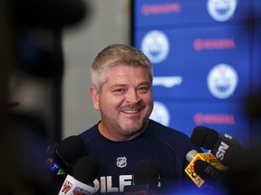 Head coach Todd McLellan speaks with the media during Edmonton Oilers 2017 Training Camp at Rogers Place in Edmonton, Alberta on Thursday, September 14, 2017.