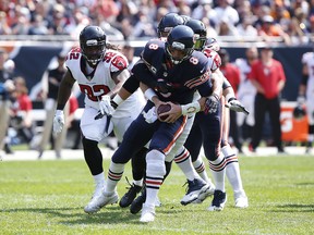 Vic Beasley of the Atlanta Falcons sacks quarterback Mike Glennon of the Chicago Bears in the first quarter at Soldier Field on Sept. 10, 2017. (Kena Krutsinger/Getty Images)