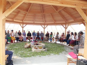 Elders take part in a special ceremony at the unveiling of the new Nishnaabe-gkendaaswin Teg arbour at the University of Sudbury on Thursday Sept. 14. (Gino Donato/Sudbury Star)