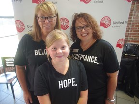 United Way campaign chair Leslie Farrell, left, executive director Kelly Gilson and youth ambassador Morgan Vording at the Oxford County campaign kick-off Thursday evening. (HEATHER RIVERS, Sentinel-Review)