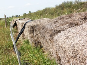 Hay bales are being lined along the edge of dredged soil from the Sarnia Harbour, due to be smoothed out at the Sarnia Chris Hadfield Airport before Sept. 22. The unsightly pile has drawn scorn from city councillors.  (Tyler Kula/Sarnia Observer/Postmedia Network)