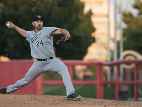 Winnipeg Goldeyes starting pitcher Edwin Carl scattered six hits and struck out six over six innings to record his first post-season victory as the Goldeyes downed the Wichita Wingnuts 7-1 in Game 2 of the American Association final on Thursday, Sept. 14, 2017 in Wichita, Kan. ED BAILEY/Pro Hockey News