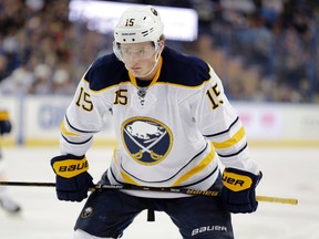 In this Nov. 10, 2015, file photo, Buffalo Sabres centre Jack Eichel gets ready for a faceoff against the Tampa Bay Lightning during NHL action in Tampa, Fla. (AP Photo/Chris O'Meara, File)