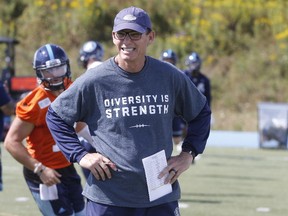 Toronto Argo coach Marc Trestman during practice drills at Downsview Park in Toronto, Ont. on Wednesday September 13, 2017.