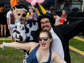 Jordan Griffith, Maddie Dunlop, and Charles Gonzalez are ready to revel at the BlockParty London electronic dance party in Harris Park Friday. (MORRIS LAMONT/THE LONDON FREE PRESS)