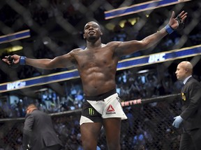 Jon Jones reacts after knocking out Daniel Cormier during UFC 214 in Anaheim, Calif., on July, 29, 2017. (Hans Gutknecht /Los Angeles Daily News via AP)