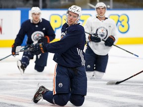 Oilers captain Connor McDavid warms up during the Edmonton Oilers training camp at Rogers Place in Edmonton on Friday, Sept. 15, 2017.