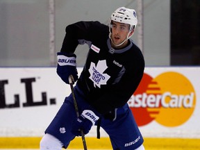 Toronto Maple Leafs defenceman Jared Cowen floats a puck across the ice at practice in Toronto on Feb. 26, 2016. (Jack Boland/Toronto Sun/Postmedia Network)