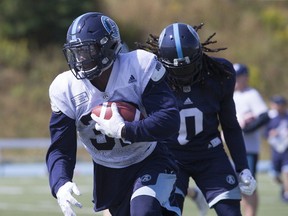 James Wilder Jr. carries the ball as the Toronto Argonauts practice at Downsview Park in Toronto on Sept. 12, 2017. (Stan Behal/Toronto Sun/Postmedia Network)