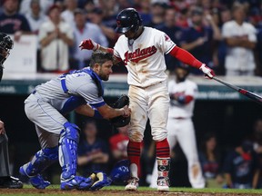 Francisco Lindor of the Cleveland Indians is tagged out by Drew Butera of the Kansas City Royals to end the ninth inning at Progressive Field on Sept. 15, 2017. (Ron Schwane/Getty Images)