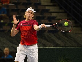 Denis Shapovalov of Canada during play against Yuki Bhambri of India in Davis Cup action on Friday September 15, 2017 in Edmonton.