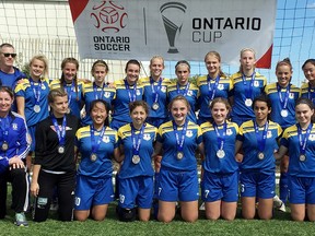 The Sarnia Spirit lost 5-0 to Kitchener Academy in the under-15 girls' final at the Ontario Cup soccer championship Saturday in Vaughan. Team members are, front row, left: Rob Boire, Nancy Barwitzki, Neleya Clarke, Annie Graham, Olivia DiCocco, Mya Ritchie, McKenna Jackson, Kala Wagg, Jadyn Clark and Erica D'Andrea. Back row: Paul Ritchie, Aliyah Greaves, Lindsey Barwitzki, Mckenna Gardner, Avrie Edgar, Lauren Murray, Erin Murray, Mackenzie Hocking, Sarah Sanders, Hannah Thompson, Sarah Houle and head coach Trevor Gardner. (Submitted)