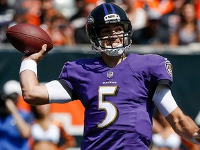 In this Sept. 10, 2017, file photo, Baltimore Ravens quarterback Joe Flacco throws in the first half of an NFL football game against the Cincinnati Bengals, in Cincinnati. (AP Photo/Frank Victores, File)