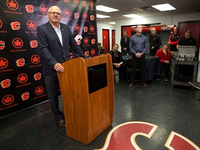 Calgary Flames President and CEO Ken King speaks to reporters during a press conference at the Scotiabank Saddledome in Calgary on Friday September 15, 2017. Leah Hennel/Postmedia