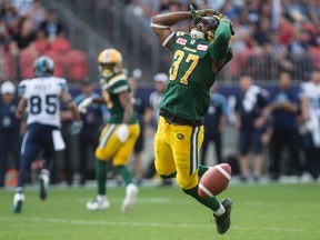 Edmonton Eskimos linebacker Kenny Ladler reacts after failing to make an interception on a pass by Toronto Argonauts quarterback Ricky Ray during the first half of CFL football action in Toronto on Saturday, September 16, 2017.