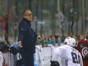 NHL Winnipeg Jets Head Coach, Paul Maurice, on the ice at training camp. Saturday, September 16, 2017. Chris Procaylo/Winnipeg Sun/Postmedia Network