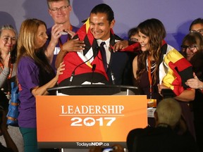 Wab Kinew was chosen to lead Manitoba's NDP today. Wab's spouse. Dr. Lisa Monkman is on the right. Saturday, September 16, 2017. Chris Procaylo/Winnipeg Sun/Postmedia Network