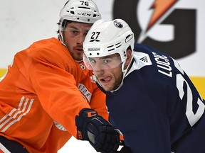 Edmonton Oilers Milan Lucic  (27) and Ben Betker (76) during the first day of training camp at Rogers Place in Edmonton, September 15, 2017.