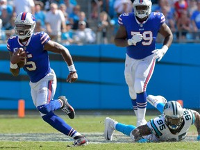 Tyrod Taylor of the Buffalo Bills scrambles against the Carolina Panthers during their game at Bank of America Stadium on Sept. 17, 2017 in Charlotte, N.C. (Grant Halverson/Getty Images)