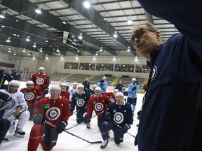 Head coach Paul Maurice directs his troops during Winnipeg Jets training camp at Bell MTS IcePlex on Sun., Sept. 17, 2017. Kevin King/Winnipeg Sun/Postmedia Network