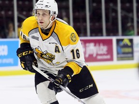 Sarnia Sting's Jordan Ernst plays against the Windsor Spitfires in the first period of an OHL exhibition game at Progressive Auto Sales Arena in Sarnia, Ont., on Saturday, Sept. 16, 2017. Mark Malone/Chatham Daily News/Postmedia Network