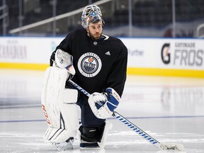 Goaltender Cam Talbot takes part during the Edmonton Oilers training camp at Rogers Place in Edmonton on Friday, Sept. 15, 2017.