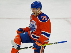 Edmonton Oilers Drake Caggiula celebrates after scoring in the third period to tie the game 3-3 and send the game into overtime during the fourth game of their Stanley Cup playoff series in Edmonton against the Anaheim Ducks in Edmonton on Wednesday May 3, 2017.