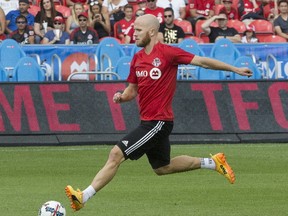 Michael Bradley in action during Toronto FC practice at BMO Field in Toronto on Wednesday August 9, 2017. (Stan Behal/Toronto Sun)