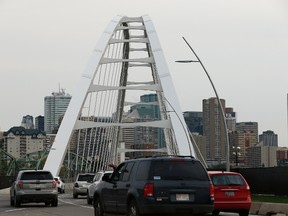 Cars travel along the newly opened Walterdale Bridge in downtown Edmonton, AB, on Monday, Sept. 18, 2017. Photo by Ian Kucerak