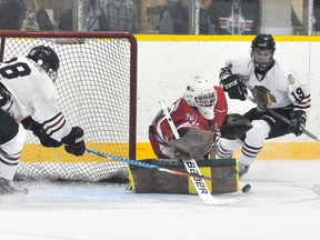 Blake Pickering (28) of the Mitchell Hawks reaches for a loose puck in front of a lunging Hanover Barons’ goalie Chase Krompocker (30) while Hawks’ Evan Chaffe (19) lurks beside the net during action from their PJHL Pollock Division game Saturday, Sept. 16. The Hawks won 7-0. ANDY BADER/MITCHELL ADVOCATE