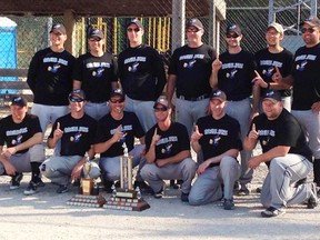 Members of the Brew Jays, ‘A’ champs of the Oldtimers Slingshot League, are (back row, left to right): Cory Gropp, Kyle Heinbuch, Steve Innes, Brad Loggan, Justin Bowles, Darrel Roth, Perry Wilhelm. Front row (left): Paul Jacobs, Jay Bowles, Jon Paola, Jeff Fuhr, Jordan Bowles, Dan Jeffrey. Absent was Darren Smale. SUBMITTED